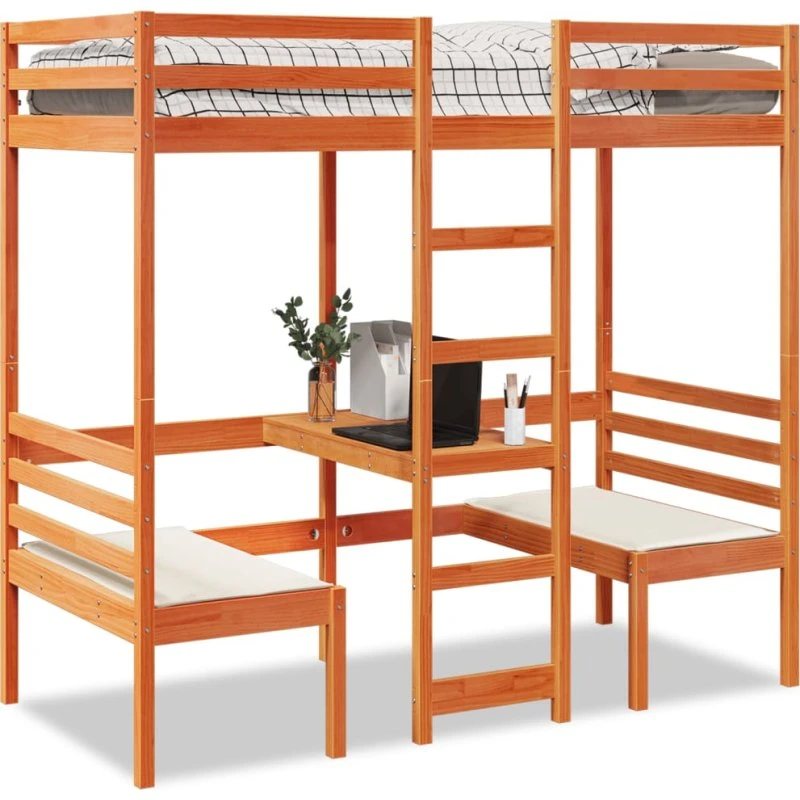 Højseng 90x190 i massivt fyr med skrivebord & stole