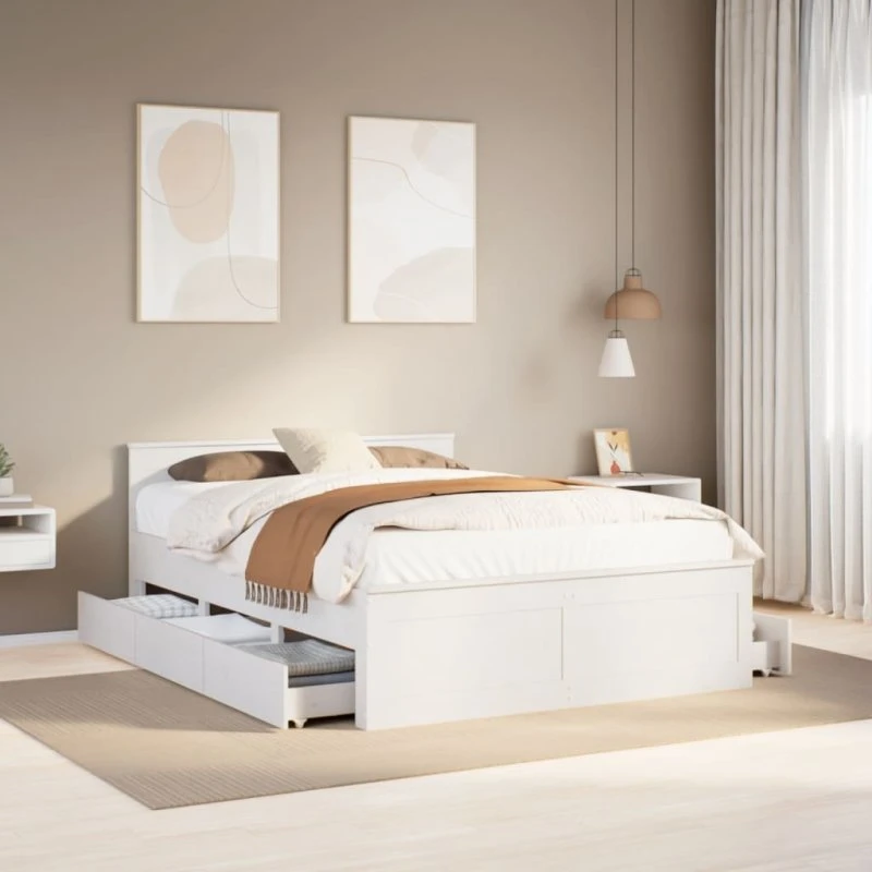 Sengeramme 150x200 cm i massivt fyrtræ – hvid med sengegavl