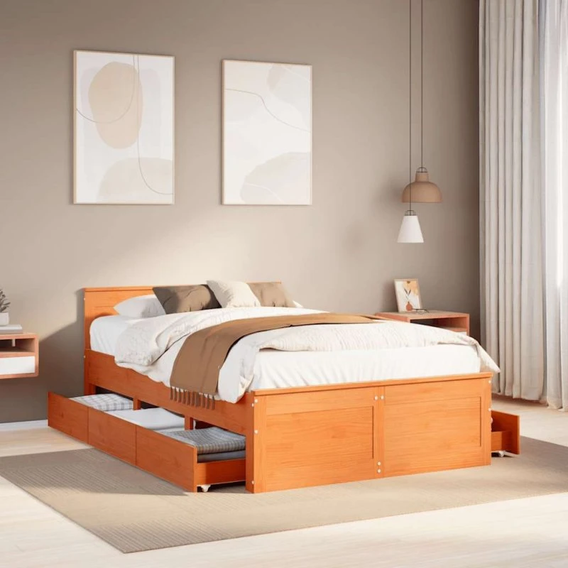 Sengeramme i massivt fyr 135x190 cm med sengegavl - brun