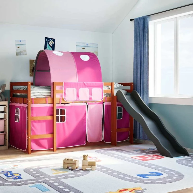 Højseng med tunnel 80x200 cm i massivt fyrretræ – pink