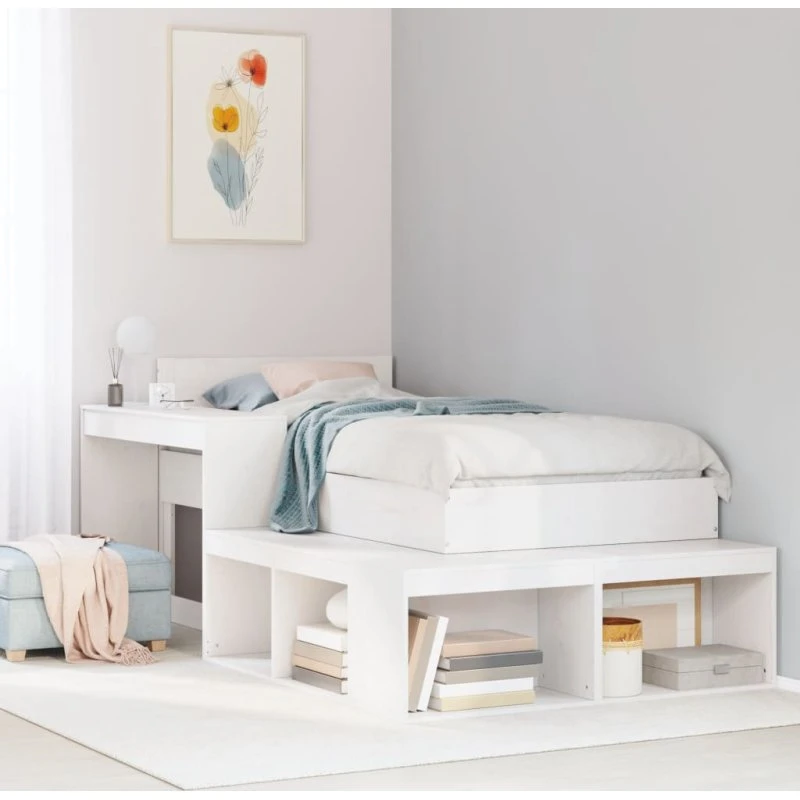 Sengebord med skrivebord i massivt fyrretræ, hvid 232x122x75 cm