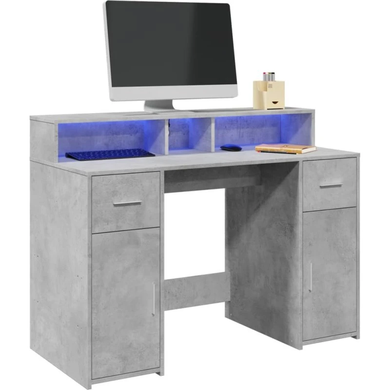 Skrivebord 120x55x91 cm med RGB LED – Betongrå