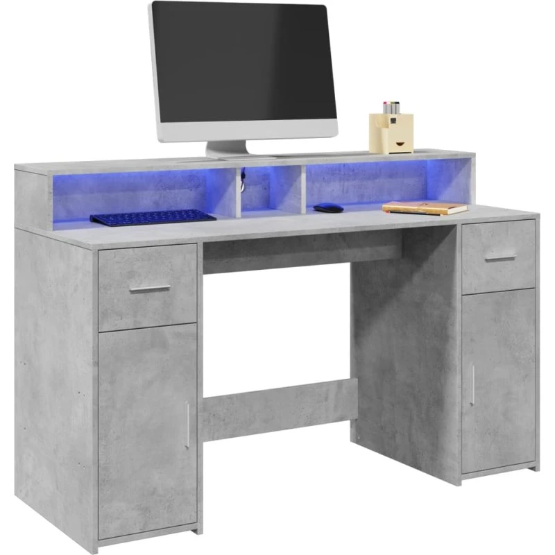 Skrivebord 140x55x91 cm med RGB LED – betongrå