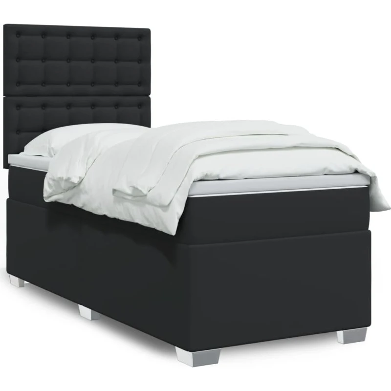 Kontinentalseng 90x190 cm i sort kunstlæder med pocketmadras