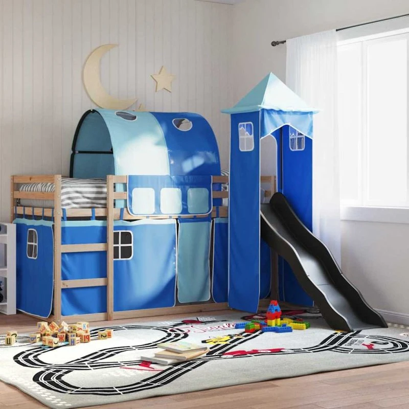 Køjeseng med rutsjebane og forhæng 80x200 cm, blå