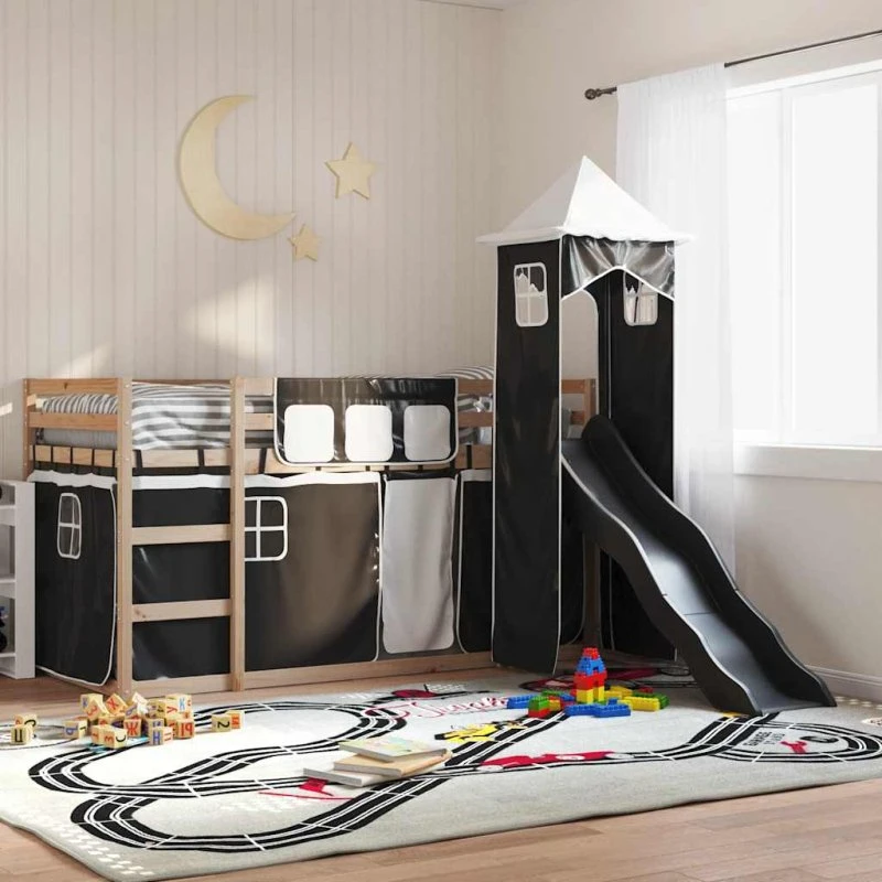 Køjeseng med rutsjebane & forhæng 80x200 cm - massivt fyrretræ
