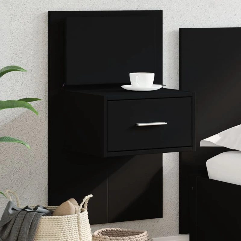 Væghængt sengebord med LED-lys, sort