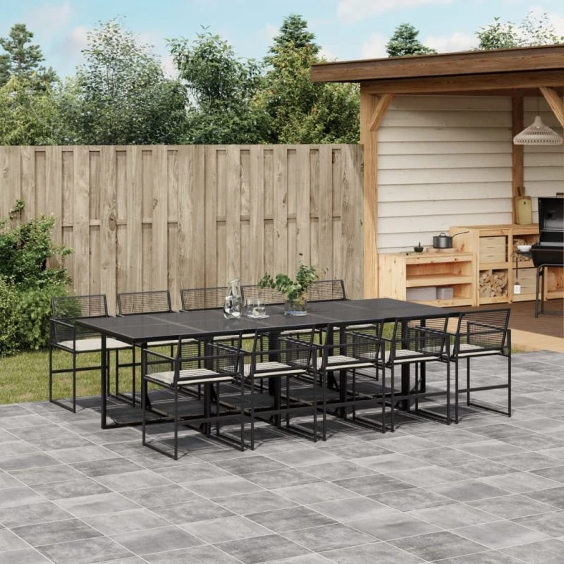 Spisebordssæt i polyrattan 11 dele – sort med hynder