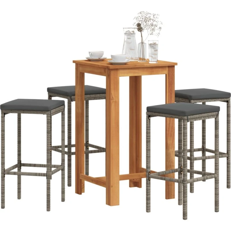 Barsæt til haven 5 dele – akacietræ & grå polyrattan