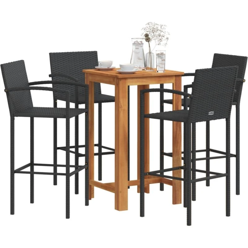 Barsæt 5 dele i akacietræ og sort polyrattan