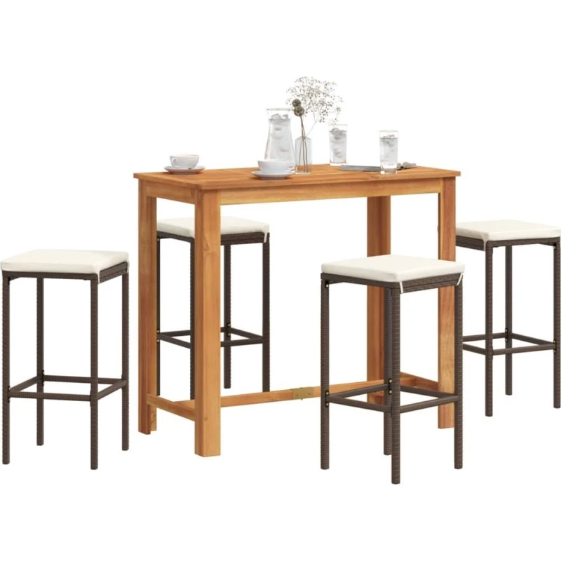 5-dele havestel i akacietræ og polyrattan, brun