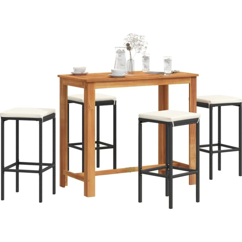 Barsæt til haven 5 dele i akacietræ og sort polyrattan