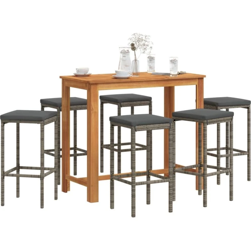 Barsæt til haven 7 dele i akacietræ og grå polyrattan