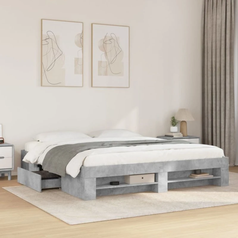 Sengestel 200x200 cm i konstrueret træ – betongrå