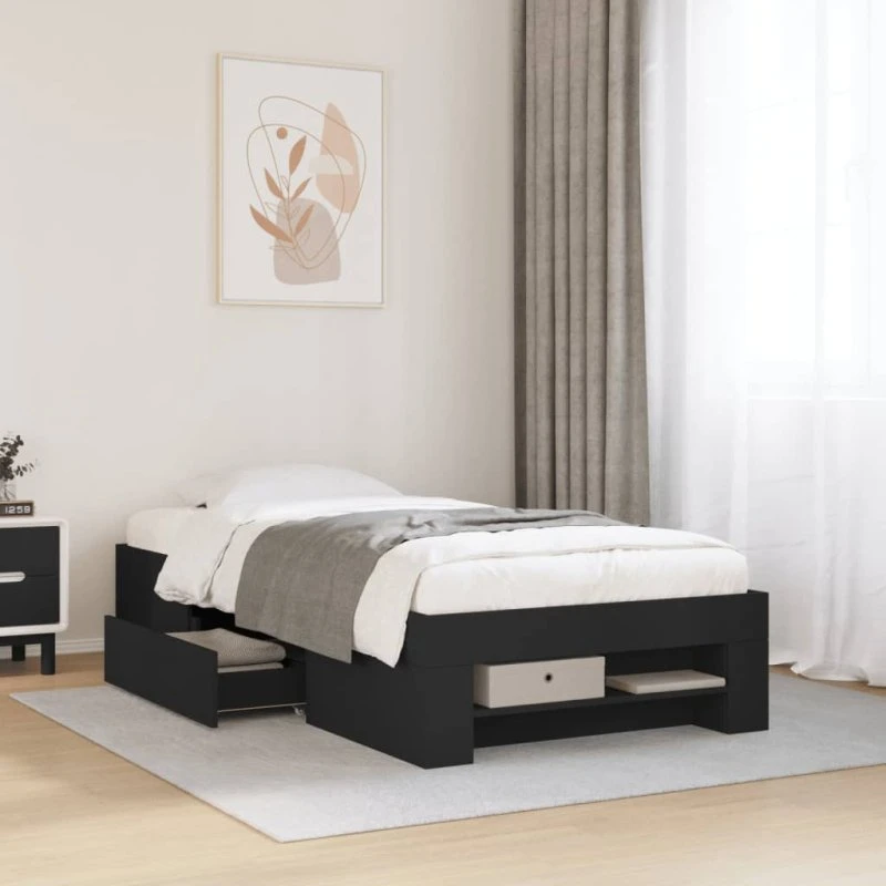 Sengeramme 75x190 cm i sort konstrueret træ med opbevaring