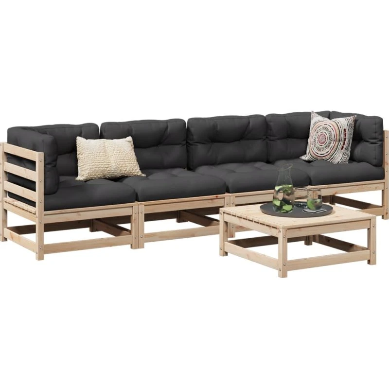 Sofasæt til haven 5 dele i massivt fyrretræ med hynder