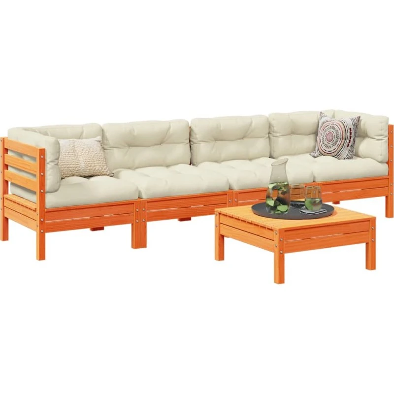 Loungesæt til haven 5 dele i massivt fyr med hynder