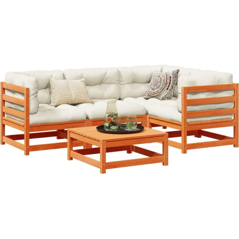 Loungesæt til haven 5 dele i massivt fyr med hynder