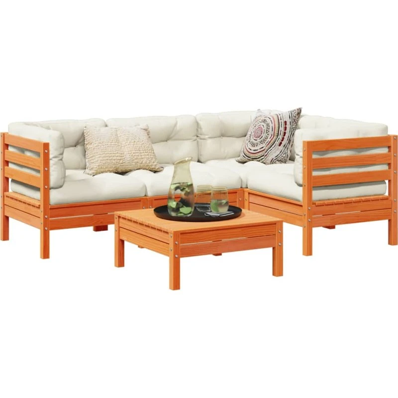 Loungesæt i massivt fyrretræ 5 dele med hynder, gyldenbrun