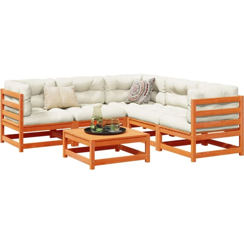 Havesofasæt 6 dele i massivt fyr med hynder - gyldenbrun