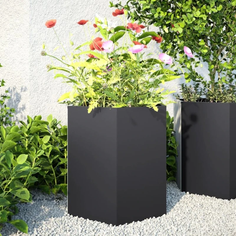 Sekskantet plantekasse i stål 46x40x45 cm – sort