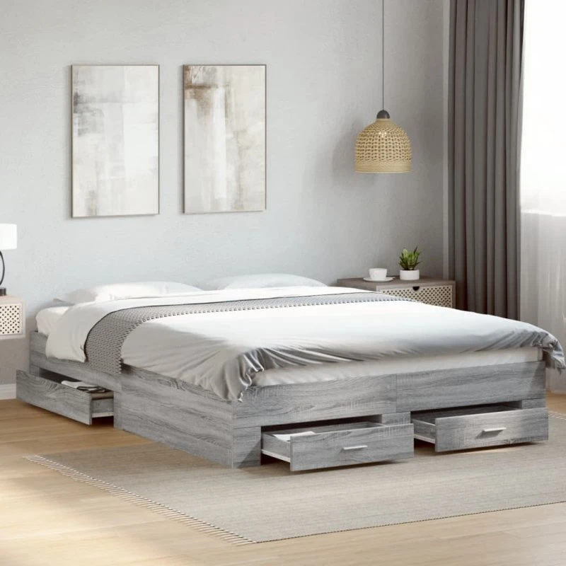 Sengeramme med skuffer 150x200 cm – Sonoma-eg grå
