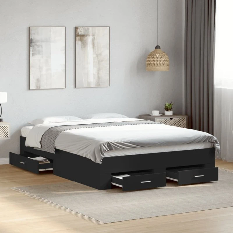 Sengeramme med skuffer 135x190 cm – sort konstrueret træ