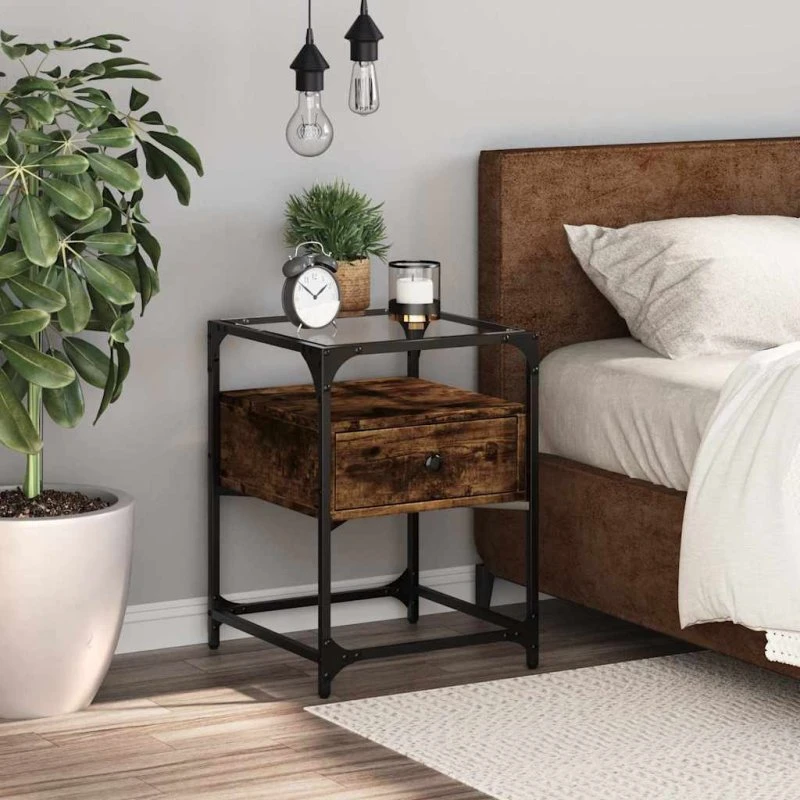 Sengebord 40x40x55 cm i røget egetræ, konstrueret træ