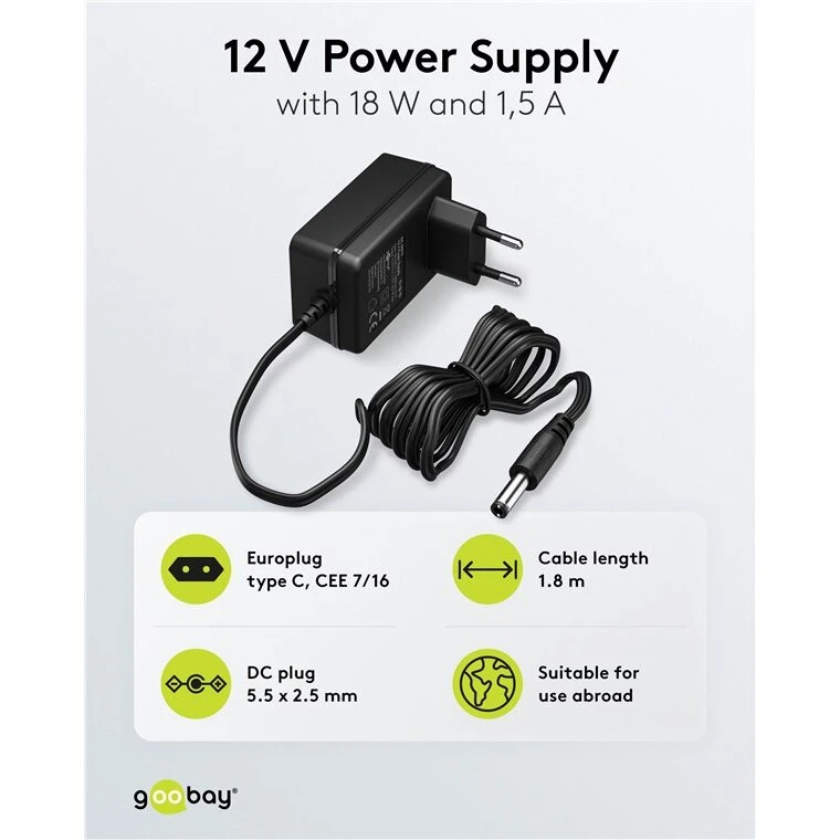 Goobay 12V 1,5A strømforsyning 5,5x2,5 mm - 18W, sort