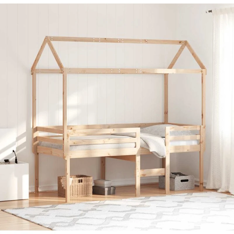 Højseng med tag 90x190 cm i massivt fyrretræ