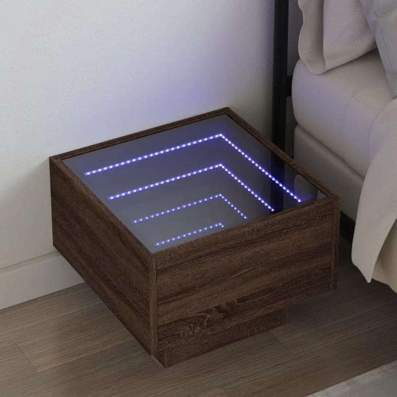 Sengebord med Infinity LED 40x40x30 cm, brun egetræslook