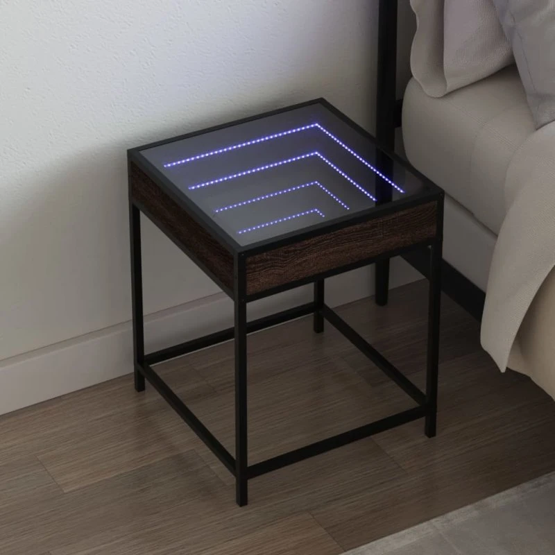 Sengebord med Infinity LED 40x40x51 cm - Brun egetræ