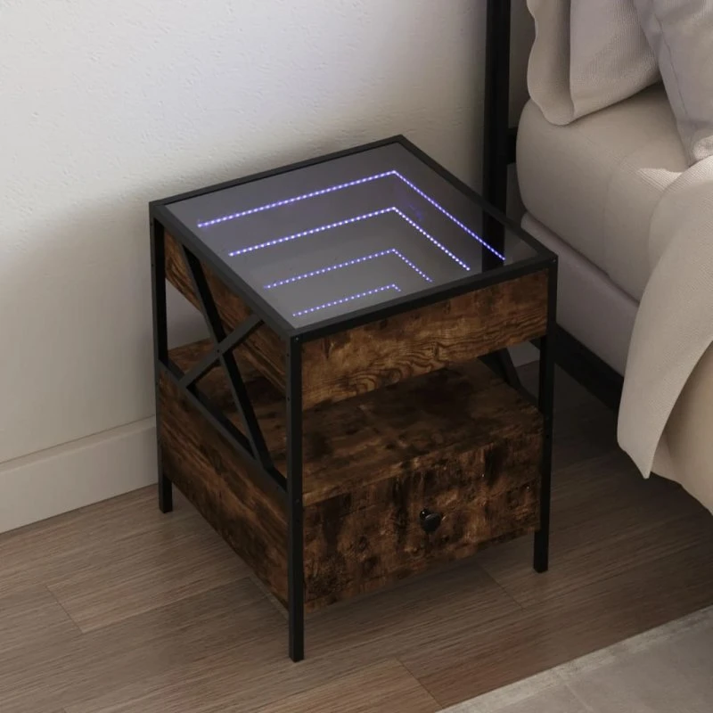 Sengebord med Infinity LED 40x40x51 cm - Røget egetræ
