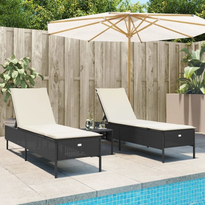 Liggestolesæt 3 dele polyrattan med hynder, sort