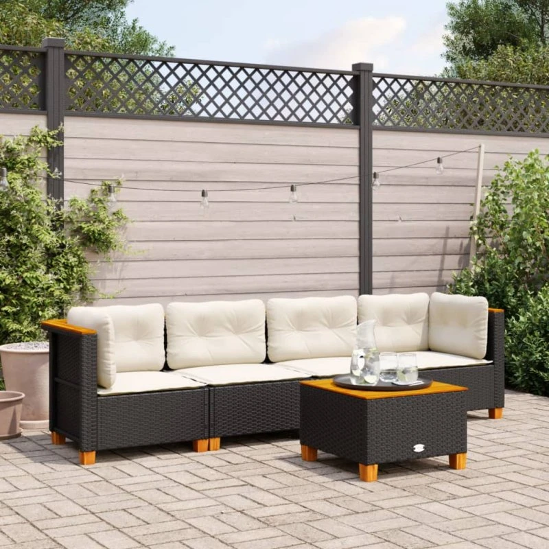 Havesofasæt 5 dele i sort polyrattan med hynder