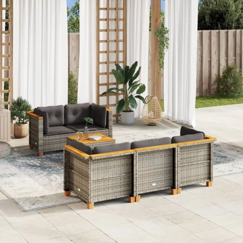 Havesofasæt i polyrattan 6 dele med hynder - grå