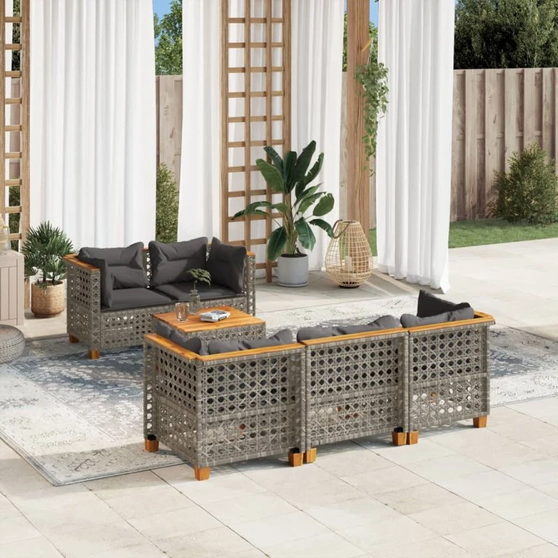 Sofasæt til haven 6 dele i grå polyrattan med hynder