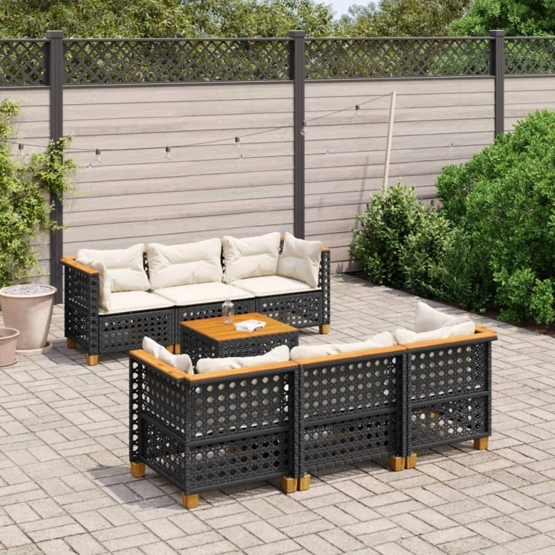 Sofasæt til haven 7 dele i sort polyrattan med hynder