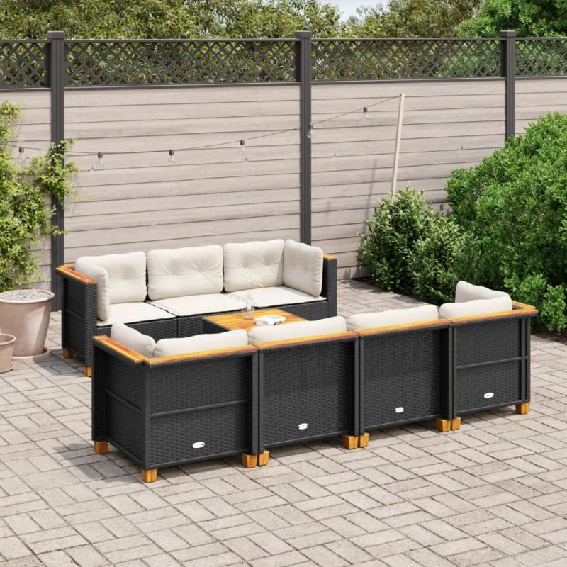 Havesofasæt 8 dele i sort polyrattan med hynder
