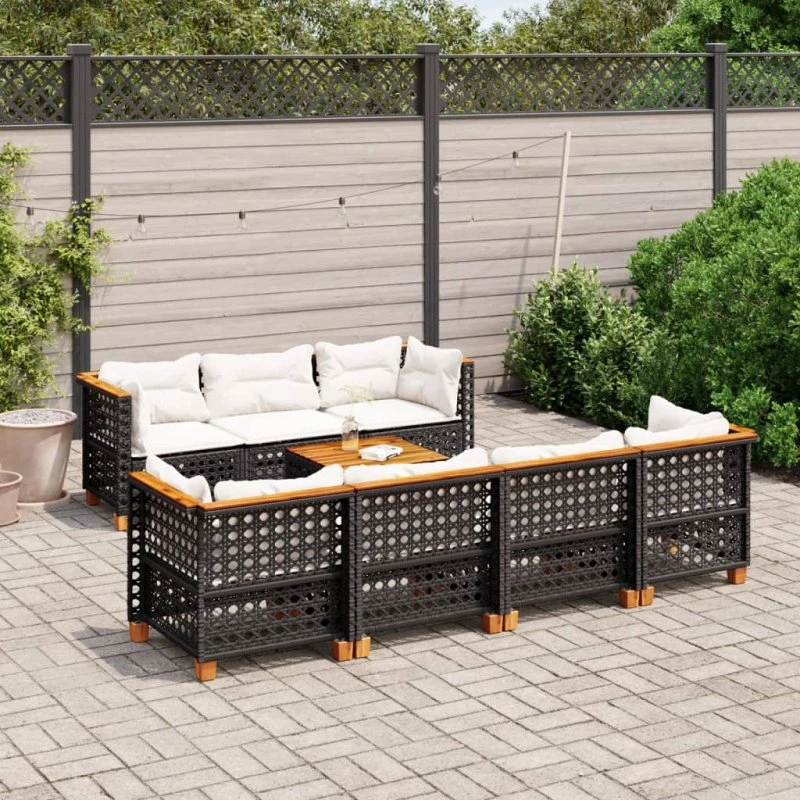 Havesofasæt 8 dele i polyrattan med hynder – sort