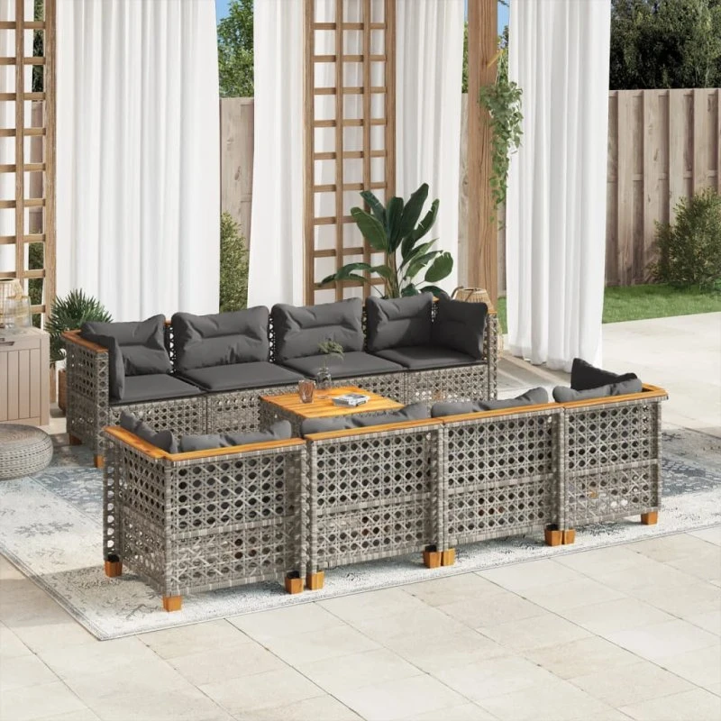 Havesofasæt 9 dele i grå polyrattan med hynder