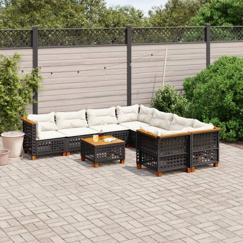 Havesofasæt 9 dele i sort polyrattan med hynder