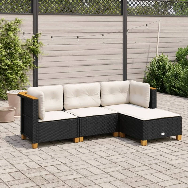 Havesofasæt 4 dele i sort polyrattan med hynder