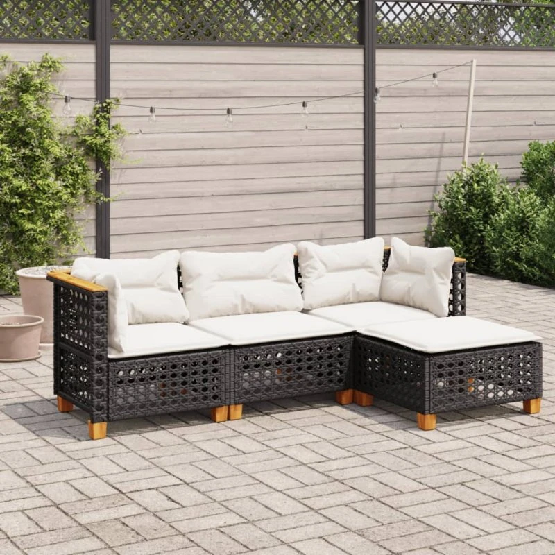 Havesofasæt 4 dele i sort polyrattan med hynder