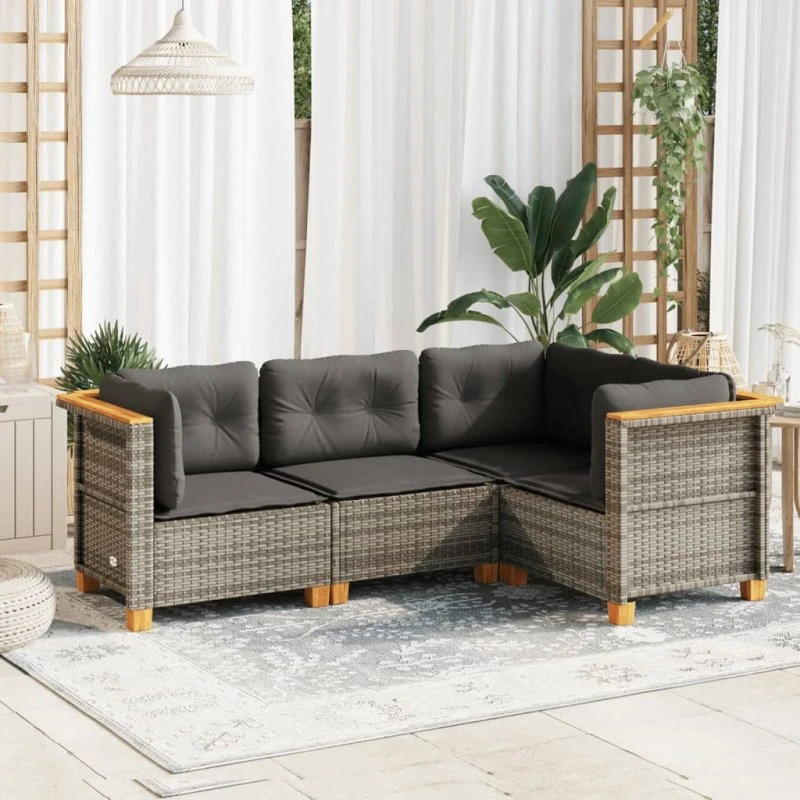 Havesofasæt 4 dele i grå polyrattan med hynder