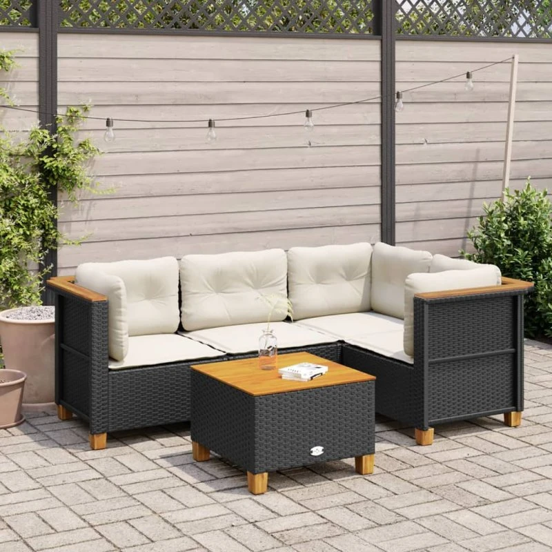 Havesofasæt 5 dele i sort polyrattan med hynder
