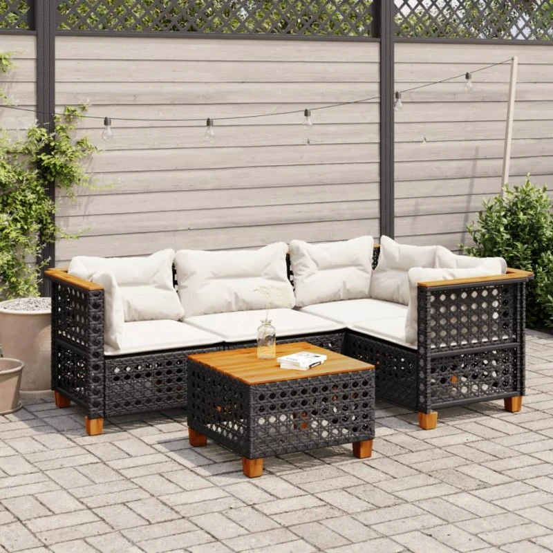 Havesofasæt 5 dele i sort polyrattan med hynder