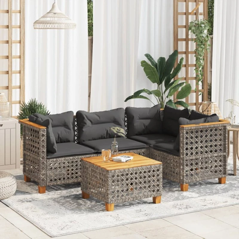 Havesofasæt 5 dele med hynder i polyrattan - grå