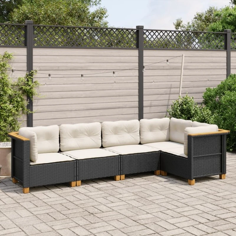 Havesofasæt 5 dele i sort polyrattan med hynder