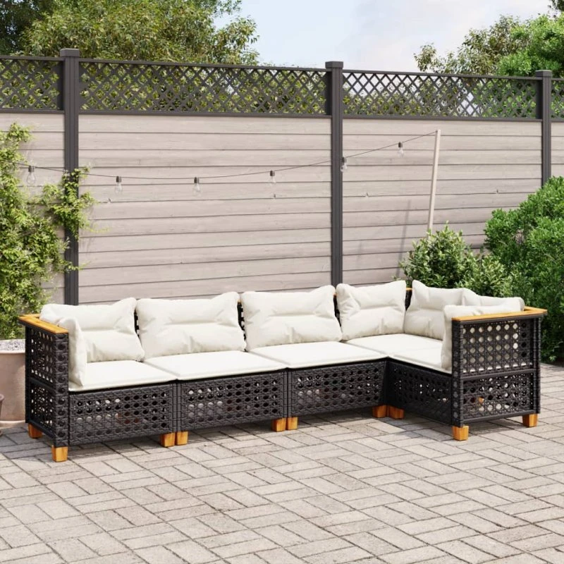 Havesofasæt 5 dele i sort polyrattan med hynder